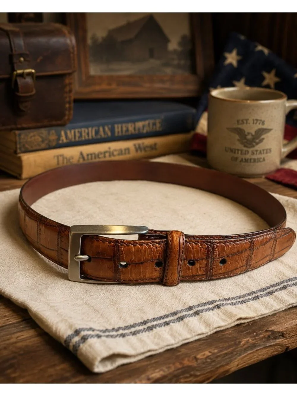 Martin Dingman Genuine Leather Embossed Alligator Croc Belt Brown Size 40 USA 1”